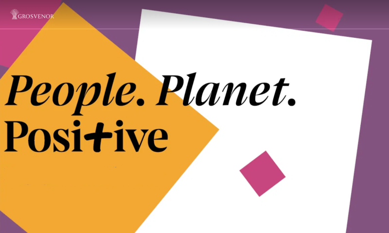 An abstract graphic design featuring the Grosvenor logo in the top left corner. The phrase "People. Planet. Positive." is displayed in large, black serif text across the center. The background consists of overlapping geometric shapes in purple, white, and mustard yellow, with small pink square accents scattered throughout.