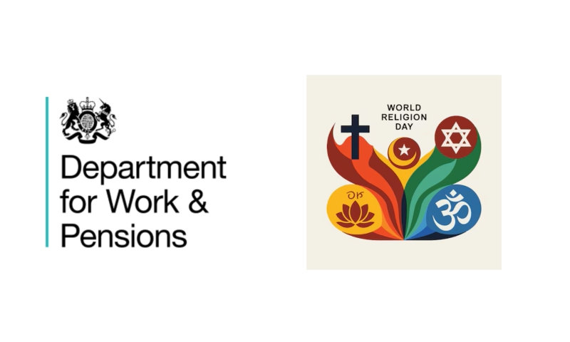 Gemini said This image is a commemorative graphic for World Religion Day featuring the branding of the UK's Department for Work & Pensions (DWP). It centers on a vibrant, multi-colored flame design that incorporates several global religious symbols, including the Christian cross, the Star of David, and the Om symbol.