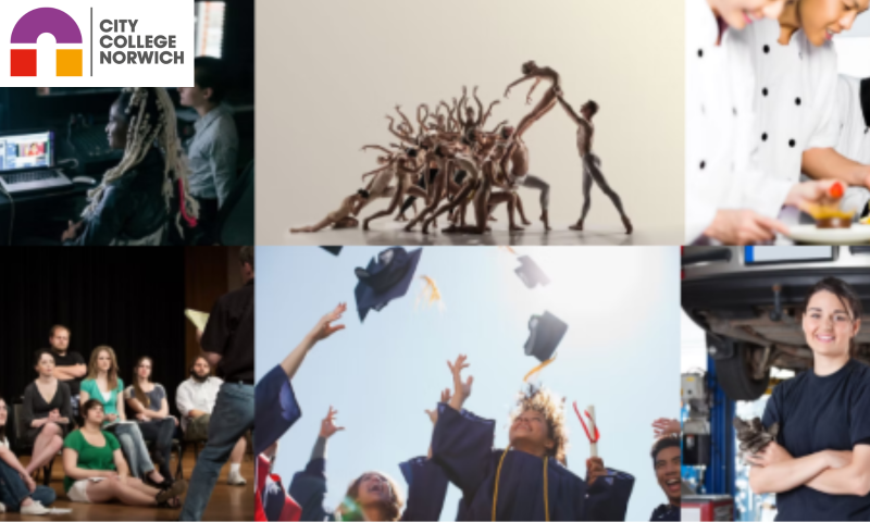 This image is a collage representing the diverse vocational and academic programs at City College Norwich. It features six distinct panels:  Top row: Students engaged in media production, a group of dancers in a performance pose, and culinary students plating food.  Bottom row: A group in a drama or lecture setting, graduates throwing their caps in celebration, and a student in an automotive workshop.