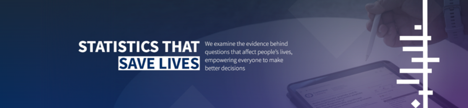 Banner image with the text 'STATISTICS THAT SAVE LIVES.' The subtext explains how examining evidence empowers people to make better decisions. The background features a person using a tablet to view the Cochrane Library website, symbolising research and data analysis