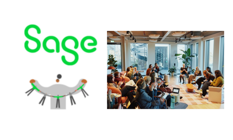This image is a composite graphic featuring corporate branding alongside a photograph of a live event, presented in a clean, modern layout.  Graphic Elements (Left Side) The Logo: At the top left, the word "Sage" is written in a bright green, rounded typeface.  The Illustration: Below the logo is a stylised graphic of several figures linked together in a wide arc, suggesting themes of community, connection, or a support network. The central figure is highlighted in green, while the others are in grey.  Photographic Element (Right Side) The right side of the image shows a professional gathering taking place in a contemporary, light-filled office environment.  The Event: A group of people are seated in a relaxed yet focussed arrangement. On the left, an audience is seated on sofas and chairs, with some individuals appearing to clap. They are facing a smaller group of women seated in a semi-circle for a discussion or presentation.  The Interior: The room features an industrial-chic aesthetic with exposed ceilings, track lighting, and white acoustic "cloud" panels. Large windows offer a view of an outdoor terrace or stairwell.  The Furnishings: The space is styled with a pink and white checkered rug, a distinctive low orange coffee table, and several large potted plants, creating a welcoming and focussed atmosphere for dialogue.