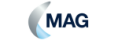 Graphic Emblem To the left of the text is a large, stylized crescent shape that resembles a sweeping wing, sail, or a curled ribbon.  Outer Surface: The main, outer curve features a smooth gradient that transitions from a metallic silver to a muted, slate grey.  Inner Surface: The bottom inner fold curves inward, revealing a bright, light blue gradient. This contrast gives the emblem a three-dimensional, aerodynamic, or peeling quality.  Typography To the right of the emblem is the main text element:  The Text: The acronym "MAG" is written in all-capital letters.  Font and Colour: It utilizes a heavy, bold, sans-serif typeface with clean geometric lines. The text is coloured entirely in a solid, dark navy blue, providing a strong anchor to the lighter tones of the graphic icon.