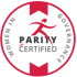 Shape and Colour Scheme Shape: The logo is enclosed within a crisp red circular border.  Colours: It uses a minimalist palette consisting of red, dark grey, and light grey text on a white background.  Ribbon Detail: At the very top and bottom of the circle, there are red, double-pointed ribbon or banner tabs that extend slightly inward, framing the central elements.  Central Iconography In the centre of the badge, there is a stylized red icon of a person in motion, appearing to stride or run forward dynamically.  Text and Typography The text is arranged both along the inner curve of the circle and across the middle:  Curved Text (Sides):  On the left side, reading upwards along the curve, is the phrase "WOMEN IN" in grey, capital letters.  On the right side, reading downwards along the curve, is the word "GOVERNANCE" in matching grey, capital letters.  Central Text (Middle): Directly beneath the red icon, the core message is displayed in two lines:  "PARITY" in a bold, dark grey or black sans-serif font.  "CERTIFIED" in a lighter, thinner grey sans-serif font directly below it.