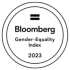 Shape and Border: The design is enclosed within a perfect circle, featuring a double-lined black border. The background of the emblem is completely white.Symbol: At the top centre of the inner circle, there is a bold, black equals sign ($=$), symbolising equality.Text Content: Below the symbol, the text is arranged centrally across three lines in a clean, black, sans-serif typeface:Bloomberg (rendered in a larger, bold font)Gender-Equality Index2023 (indicating the specific year of the index)