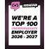 Visual Elements Background: A dark plum or deep purple gradient background that fades slightly towards the edges.  Central Card: A large, bright white rectangular card with rounded corners and a thin black border sits in the centre.  Top Header Graphic: Two overlapping speech-bubble icons rest on the top edge of the white card:  On the left, a pink speech bubble containing a black laurel wreath emblem surrounding a small, central abstract icon.  On the right, a black speech bubble displaying the platform branding "HIGHERIN" in bold, white, capitalised text.  Main Text: The middle of the card features large, bold, italicised typography announcing the achievement:  "WE'RE A" (in black)  "TOP 100" (in black)  "UNDERGRADUATE" (highlighted in pink)  "EMPLOYER" (in black)  "2026 - 2027" (in black)  Colour Palette: The design utilizes a high-contrast colour scheme combining deep plum, stark white, bold black, and a vibrant accent pink.