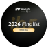 This image is a circular digital badge or graphic celebrating an award nomination.  Here is a detailed breakdown of its design and contents:  Background and Layout Shape & Colour: The graphic is structured as a perfect circle with a dark, subtle grey-to-black gradient background.  Watermark: A large, faint, stylised version of the "ihr" logo in a warm gold hue is embedded semi-transparently in the centre of the background.  Key Text and Branding Top Header: Features the white, glowing, stylised "ihr Awards" logo. Directly underneath, in smaller white text, it reads "powered by TraqCheck" alongside a distinctive double-T brand mark.  Central Announcement: The words "2026 Finalist" are prominently displayed across the middle in a clean, bold, white sans-serif typeface.  Category Badge: At the bottom, there is a rounded, horizontal pill-shaped button with a gold-to-yellow gradient and a metallic border. Inside this badge, the category "DE&I Strategy" is written in black, bold lettering.
