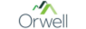 The image features a corporate logo against a clean white background. It consists of a stylized graphic emblem positioned above a wordmark.  Detailed Breakdown Graphic Emblem Design: Positioned centrally at the top, the logo icon consists of stylized rooflines or mountain peaks formed by angled geometric shapes or ribbons.  Colour Palette: It uses varying shades of green, ranging from a vibrant lime green on the right, to a dark forest/slate green in the centre, and a bright medium green on the left.  Typography Text: The word "Orwell" is written beneath the graphic mark.  Font & Style: It features a clean, modern, sans-serif font with thin, rounded lettering. The colour is a dark slate grey/navy blue, providing a sharp contrast against the white backdrop.