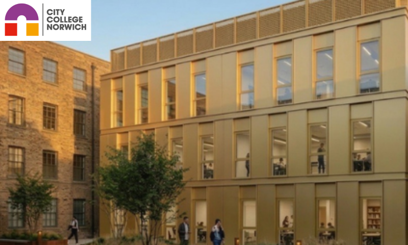 Central Architecture: A modern, three-storey building features a distinctive golden metallic cladding with vertical paneling and recessed windows, giving it a warm, polished appearance under soft sunlight.  Roofline: The top tier is finished with a perforated or latticed screened roof section running along the top.  Surrounding Context: The modern structure is framed by traditional, multi-storey tan-coloured brick buildings featuring classic sash windows, creating a striking contrast between modern and historic architectural styles.  Landscaping & Courtyard: In the foreground is an outdoor courtyard featuring raised planter boxes built with weathered steel (corten steel), planted with small trees, shrubs, and ornamental grasses, accompanied by bollard lighting.  Activity: Several people are depicted walking through the courtyard and visible inside the office spaces through the tall vertical windows.  Text Overlay: A banner at the bottom right reads:  "AI concept visual by John Dixon for Ingleton Wood"
