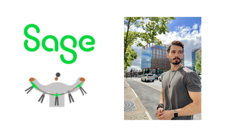 Left Side – Logos  Sage Logo: Prominently displays the word "Sage" in a vibrant green, rounded sans-serif font.  Network Graphic: Positioned directly below the Sage logo is an abstract illustration featuring stylized human figures holding hands across a curved, grey arched platform with orange accent tips, symbolizing community and support.  Right Side – Photo of David Smith  Subject: David Smith is positioned in the foreground, turned slightly in profile and looking off to his left. He has dark, neatly styled hair and a full, well-trimmed dark beard and moustache.  Attire & Accessories: He wears a casual dark grey T-shirt, a slim black pendant necklace, dark beaded bracelets on his right wrist, and a smartwatch with a light sage-green strap on his left wrist.  Setting: An outdoor urban street scene on a bright day. The background features green tree foliage, modern glass and brick office buildings, cars on a road, and a bright blue sky filled with soft white clouds.