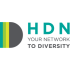 Graphic Symbol: A semi-circular shape oriented like a capital letter 'D' or a forward-pointing dome. The rounded right section is a solid dark grey, while the flat left edge is composed of three vertical stripes in shades of green (dark green, mid-green, and light lime green).  Text:  The top line features the acronym HDN in large, bold, teal capital letters.  Below the acronym, the tagline YOUR NETWORK TO DIVERSITY is written in a smaller, thinner, dark grey sans-serif font across two lines ("YOUR NETWORK" stacked above "TO DIVERSITY").