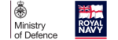 The image shows two UK defence branding marks side by side on a white background.  On the left is the Ministry of Defence logo. A thin dark red vertical bar runs down the far left edge, acting as a keyline. Next to it sits the MoD crest: a royal crown above a circular badge containing the tri-service emblems, an eagle, crossed swords or sabres, and an anchor, representing the RAF, Army and Royal Navy respectively, all rendered in black line art. Below the crest, "Ministry of Defence" is set in black over two lines in a plain sans-serif typeface.  On the right is the Royal Navy logo, contained in a dark navy blue rectangle. The upper portion shows a waving White Ensign, the Royal Navy's flag, with the Union Flag in the upper canton and a red St George's Cross on a white field. Beneath it, "ROYAL NAVY" appears in white capitals across two lines in a heavy condensed sans-serif. A red horizontal bar sits along the bottom edge of the block.