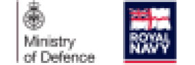 The image shows two UK defence branding marks side by side on a white background.  On the left is the Ministry of Defence logo. A thin dark red vertical bar runs down the far left edge, acting as a keyline. Next to it sits the MoD crest: a royal crown above a circular badge containing the tri-service emblems, an eagle, crossed swords or sabres, and an anchor, representing the RAF, Army and Royal Navy respectively, all rendered in black line art. Below the crest, "Ministry of Defence" is set in black over two lines in a plain sans-serif typeface.  On the right is the Royal Navy logo, contained in a dark navy blue rectangle. The upper portion shows a waving White Ensign, the Royal Navy's flag, with the Union Flag in the upper canton and a red St George's Cross on a white field. Beneath it, "ROYAL NAVY" appears in white capitals across two lines in a heavy condensed sans-serif. A red horizontal bar sits along the bottom edge of the block.