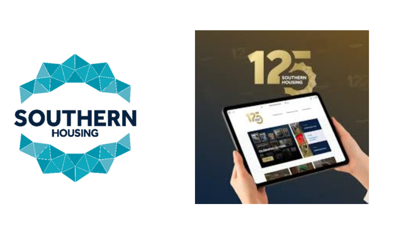 Hand holding tablet, displayed on screen: 125 years of Southern Housing