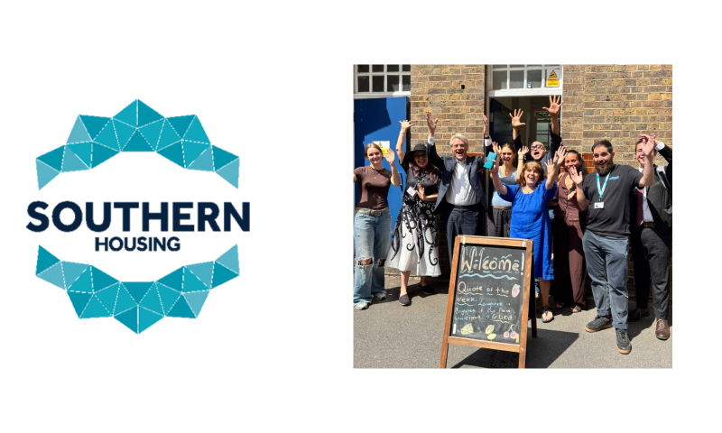 Logo (Left)  The Southern Housing corporate logo is displayed on a white background, featuring a geometric, crystalline arch design made of blue and teal triangles above dark blue text.  Photo (Right)  People: A group of nine people—including the three individuals from the earlier photo—are standing outside against a brick wall, cheering and waving their hands in the air with big smiles.  Signboard: In front of the group stands an A-frame chalkboard sign with colourful writing. It reads:  Welcome!  Quote of the Week:  "Laughter is brightest in the place where food is GOOD"  (decorated with small drawings of cheese, a lemon, and cherries)  Setting: The entrance of a brick building featuring blue doors and a paved courtyard area in bright daylight.