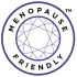 This image is a circular logo featuring a clean, geometric design set against a white background:  Shape & Borders: It is framed by a double-ringed purple border, with a thick outer line and a thinner inner circle surrounding the central geometric icon.  Central Icon: At the core of the badge is a fine-lined, purple geometric pattern resembling a faceted diamond or gemstone viewed from above, with intersecting lines forming an eight-pointed star shape.  Text Content:  Curved around the top section between the inner and outer circles is the word "MENOPAUSE" in bold, uppercase black lettering.  A small trademark symbol ("™") sits in dark grey just outside the top-right edge of the outer purple ring.  Curved along the bottom section inside the border is the word "FRIENDLY", written in the same bold, uppercase black font.