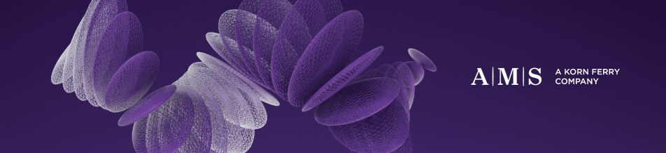 This wide header image incorporates the same brand logo into a dynamic, abstract banner set against a deep purple background:  Logo Placement (Right): The A|M|S monogram and "A KORN FERRY COMPANY" text are presented in crisp white, positioned neatly on the right-hand side for high contrast against the dark backdrop.  Abstract Artwork (Left & Centre): Features a striking, 3D helical graphic composed of overlapping, disc-like wireframe meshes. The discs transition smoothly in shade, moving from light grey and lilac on the left to vibrant purple towards the centre and right, giving the visual a sense of motion and structure.