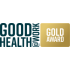 The image features an accreditation logo for the Good Health @ Work initiative.   Key elements include:Main Text: The left side contains the text "GOOD HEALTH" stacked vertically in dark teal/navy blue, uppercase lettering. Running vertically along the right edge of these words is the phrase "@WORK".   Award Badge: To the right sits a gold, rounded-rectangular block. Inside this badge, the words "GOLD AWARD" are displayed in bold, white uppercase text across two lines.   Colour Scheme: The design uses a clean, modern combination of metallic gold, deep navy blue/teal, and white set against a plain background.