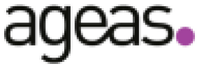 This image displays the corporate logo for "ageas" set against a plain white background.   Typography: The wordmark is written in a clean, modern, lowercase sans-serif font in black.   Design Feature: The central letters "e" and "a" are smoothly joined together in a continuous ligature where the crossbar of the "e" flows directly into the top curve of the "a".   Punctuation Accent: Following the final letter "s", there is a solid purple full stop (period) serving as a distinct visual element.