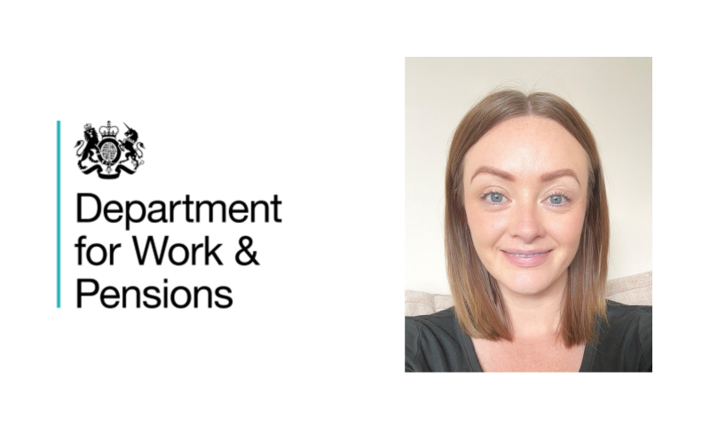 The image features a side-by-side graphic layout:Left Side: Displays the official Department for Work & Pensions logo, featuring the UK Royal Coat of Arms on the left next to a vertical teal accent bar, with the text "Department for Work & Pensions" aligned vertically beside it.   Right Side: A portrait photo of a woman named Natalie with straight, shoulder-length brown hair, a center part, light eyes, and a neutral, friendly expression looking directly at the camera. She is wearing a black top against a plain, light-colored background.