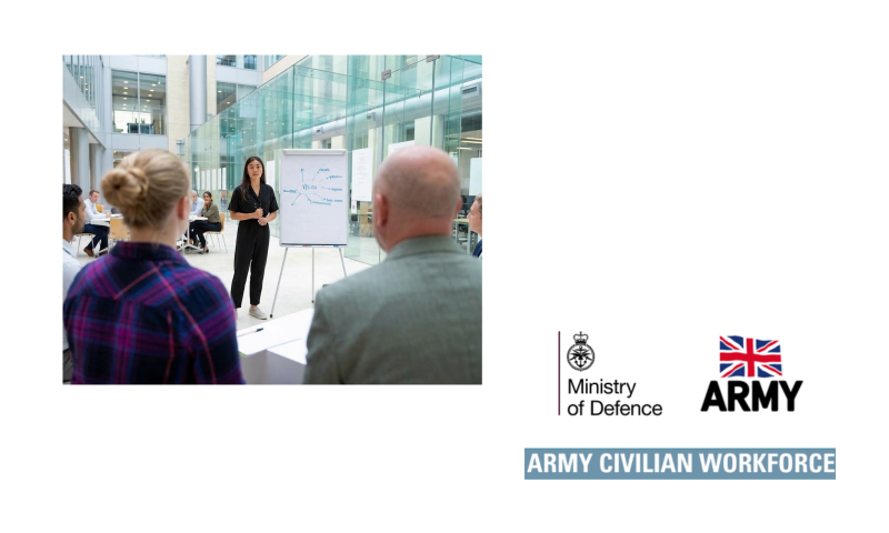 This image is a branding graphic for the Army Civilian Workforce, featuring a photograph on the left and official branding elements on the right.   Image BreakdownLeft Side (Photograph): Set in a modern, brightly lit indoor office space with high glass walls and open architecture. A woman dressed in black casual business attire stands near a easel flipchart presenting to a group of seated colleagues. Two attendees are visible in the foreground from behind: a woman wearing a purple-and-blue plaid shirt and a man in a light jacket. In the background, other colleagues are seated around tables.   Right Side (Branding & Logos): Set against a solid white background, displaying:The Ministry of Defence logo on the left (featuring the official crest).   The British ARMY logo on the right, accompanied by the Union Jack flag icon.   A blue banner at the bottom with white uppercase text reading "ARMY CIVILIAN WORKFORCE".