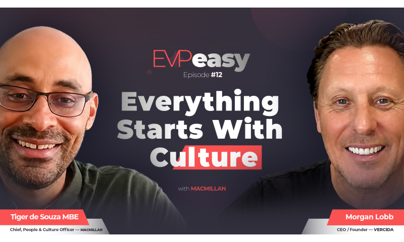 This image is a promotional graphic or thumbnail for a podcast or video episode titled "EVPeasy".   Here are the main visual elements:Background and Branding: The background is dark grey/black with a subtle radial gradient. At the top centre, the logo reads "EVPeasy" (with "EVP" in red and "easy" in bold white), accompanied by the text "Episode #12" underneath.   Main Title: Prominently displayed in bold white text in the centre is the main episode title: "Everything Starts With Culture", with the word "Culture" highlighted inside a red rectangular box. Below this, it reads "with MACMILLAN" in smaller white and red text.   Featured Individuals:Left Side: A close-up headshot of a smiling man with a shaved head, wearing glasses and a dark top. Below him is a red and grey banner identifying him as Tiger de Souza MBE, with the job title Chief, People & Culture Officer — MACMILLAN.   Right Side: A close-up headshot of a smiling man with short brown hair, wearing a dark shirt. Below him is a red and grey banner identifying him as Morgan Lobb, with the title CEO / Founder — VERCIDA.