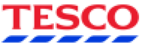 This image shows the official logo for Tesco, the British supermarket retailer.   Text: The word "TESCO" is written in bold, uppercase, serif font in a bright shade of red.   Graphics: Positioned directly beneath the lettering are five blue, stylized, diagonal dash shapes arranged horizontally in a line.   Background: The background is plain white, giving the red and blue brand colours a crisp, high-contrast appearance.