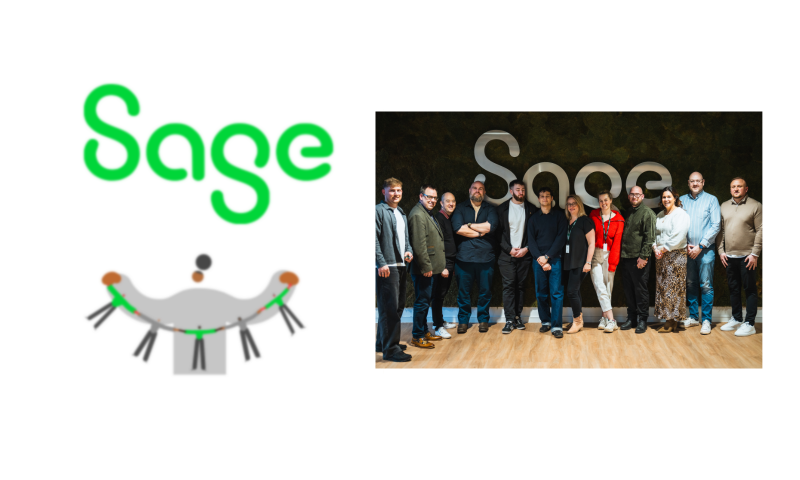 This image is split into two main sections side by side on a plain white background:   Left Side: Features the corporate logo for Sage in a bright green, stylized sans-serif font. Directly beneath the text is a small graphic depicting simplified, stick-figure-like human icons standing in a wide semicircle with their arms outstretched and joining together, set against a grey background shape.   Right Side: Displays a group photo of eleven individuals lined up horizontally, standing indoors in front of a dark feature wall. The wall appears to have a textured, green living-moss or foliage panel, adorned with a large, metallic 3D Sage logo. The group consists of men and women dressed in smart-casual workplace attire.