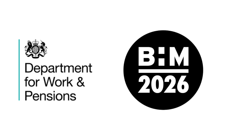 The image features two logos set against a plain white background:  Department for Work and Pensions (left):  Displays the official UK Royal Coat of Arms in black, showing the lion and unicorn supporting the shield beneath the royal crown.  Below the crest, the words "Department for Work & Pensions" are set in a clean, sans-serif black typeface across three lines.  To the far left of the text and crest runs a vertical teal-coloured accent line, consistent with the standard UK Government visual identity guidelines.  BHM 2026 emblem (right):  A solid black circle containing white, bold text.  The top section displays "BHM" (the standard abbreviation for Black History Month), separated from the year beneath by a horizontal white dividing line.  Directly below the line is the year "2026".